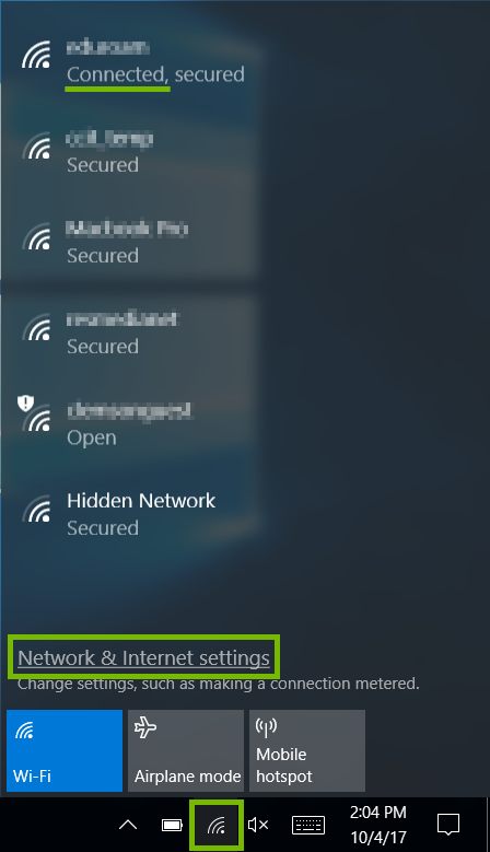 Wi-Fi tray icon highlighted and Network and Internet Settings option highlighted in the Wi-Fi menu.