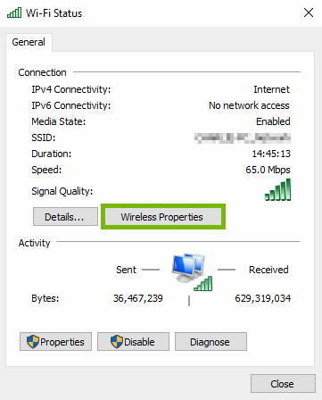 Wireless Properties button highlighted on Wi-Fi status pop-up.