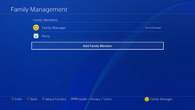 Family Management with example users listed. Screenshot.
