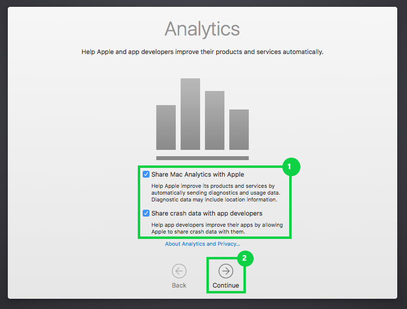 Analytics screen with Share mac analytics with apple and share app crash data with developers highlighted and a continue button highlighted