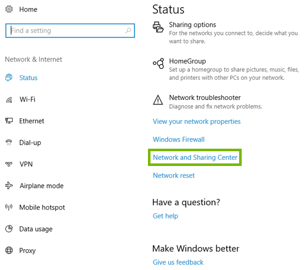 Network and Sharing Center option highlighted in Settings.