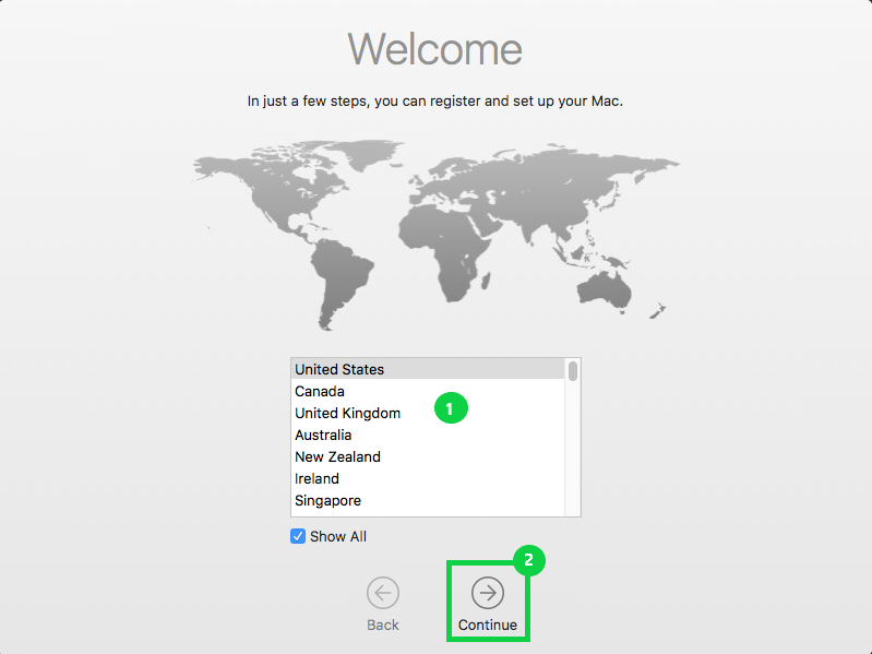 Welcome screen with list of regions and highlighted Continue button