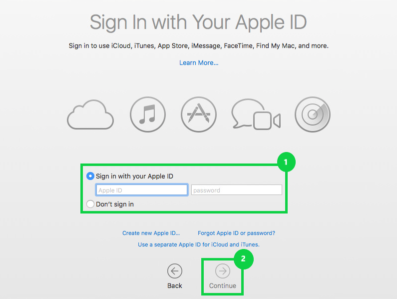 Sign in with your Apple I D screen with the Apple I D user name and password is highlighted and the coninue button highlighted