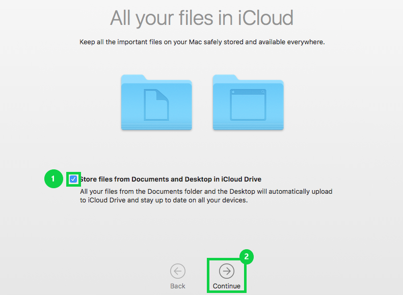 All your files in i Cloud screen with box highlighted to store files from documents and desktop in iCloud drive and the continue button highlighted