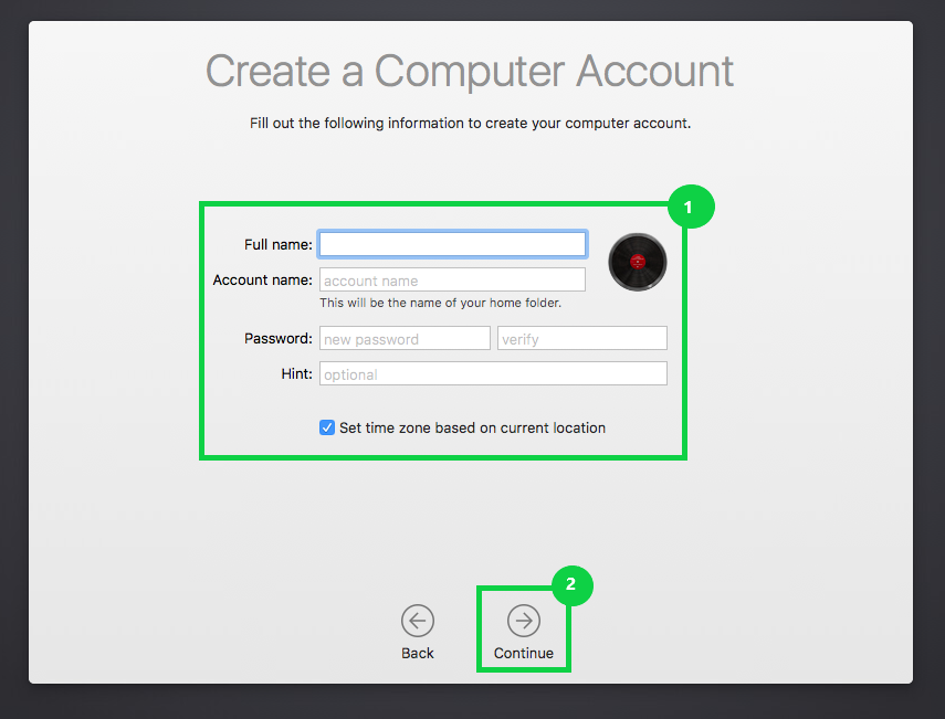 Create a computer account with Full name, account name, password, and hint highlighted and a highlighted continue button