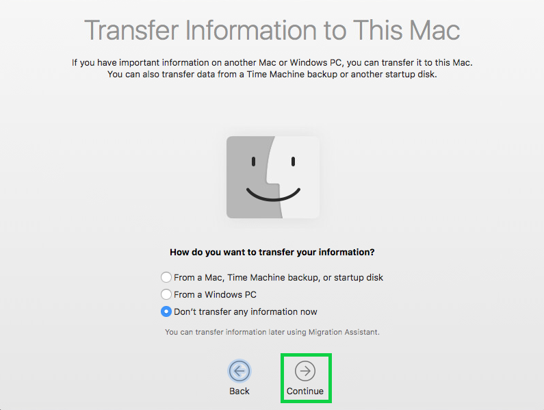 Transfer information to this mac screen with the continue button highlighted