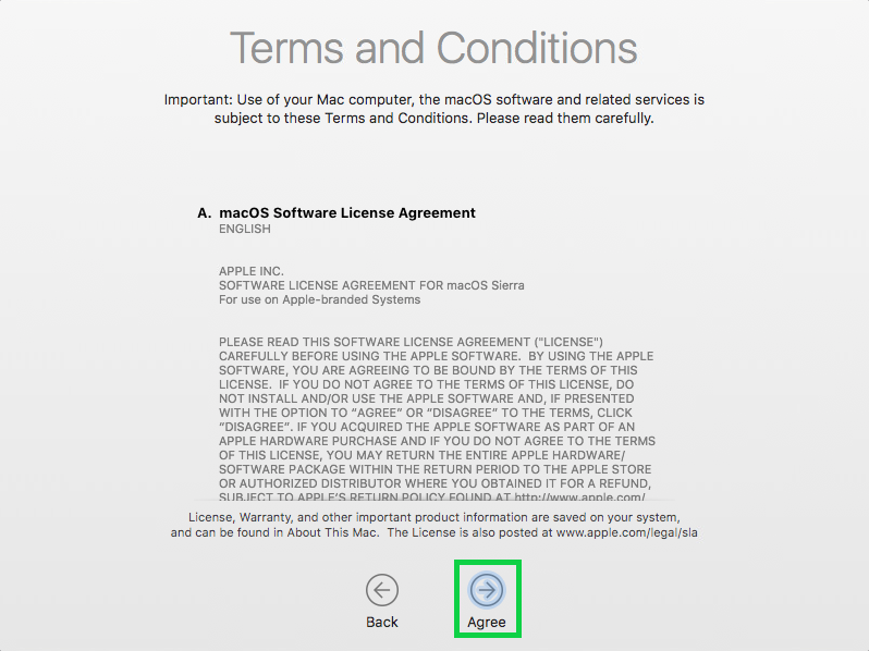 Terms and conditions with the agree button highlighted