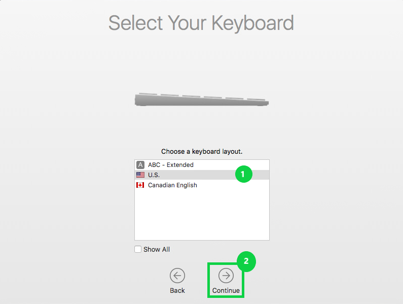 Select your keyboard screen with list of keyboard types and highlighted Continue button