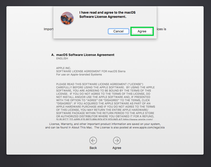 Conformation prompt with agree highlighted