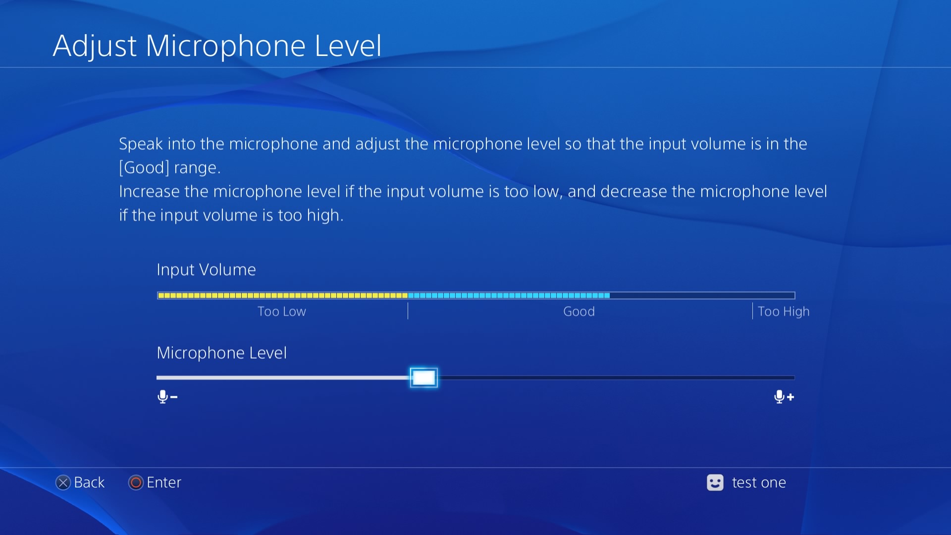 Adjust Microphone Level screen. Screenshot.