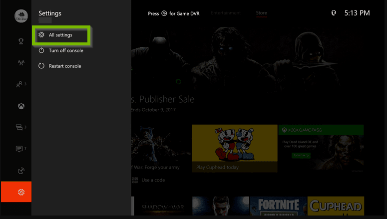 Settings menu with All Settings selected. Screenshot.