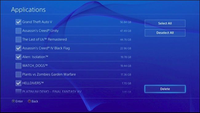 Playstation applications menu showing selected apps and the delete button