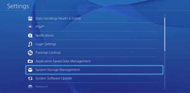 Settings menu with Storage Data Management selected. Screenshot.