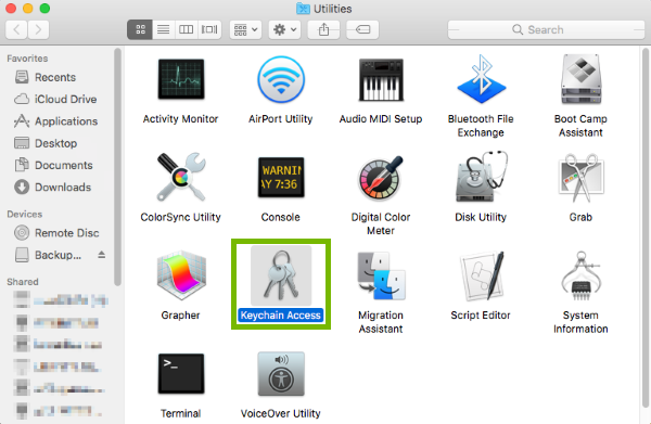 Keychain Access highlighted in Utilities.
