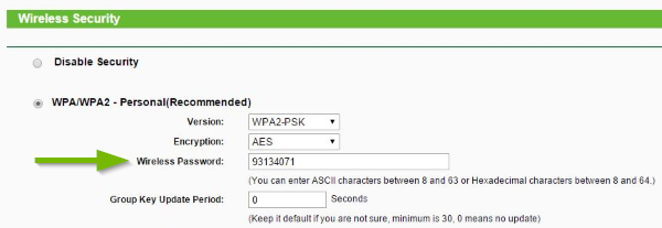 A router web menu showing the Wi-Fi password.