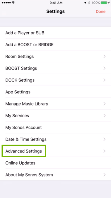 Settings screen in mobile app