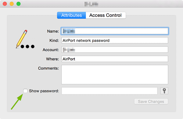Show password box pointed out on Keychain Access entry pop-up.