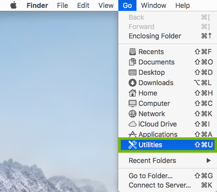 Utilities option highlighted in Go menu of Finder.