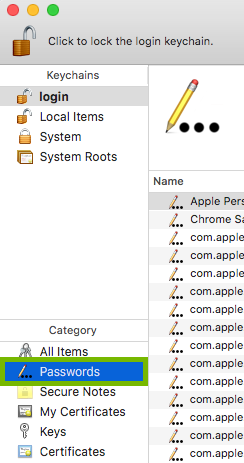 Passwords category highlighted in Keychain Access.