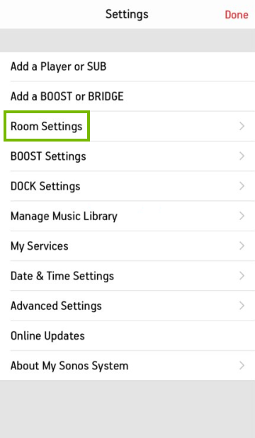 Settings screen in mobile app