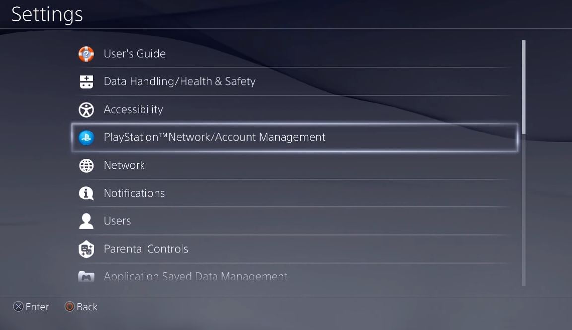 Settings menu with PlayStation Network Account Management selected. Screenshot.