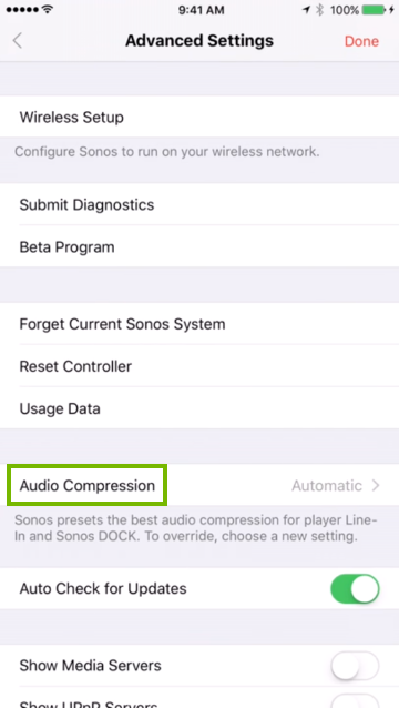 Advanced Settings screen in mobile app