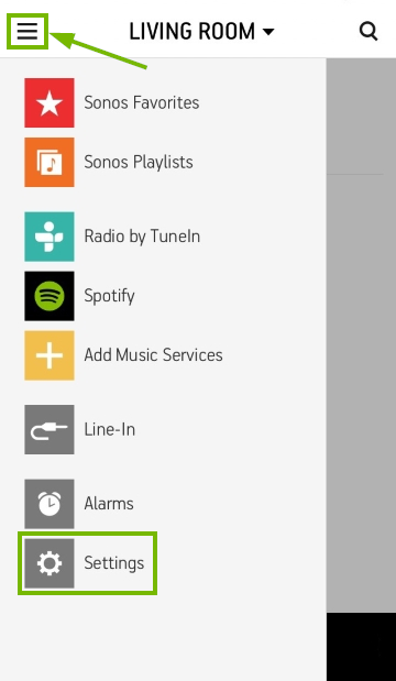 Menu screen in mobile app