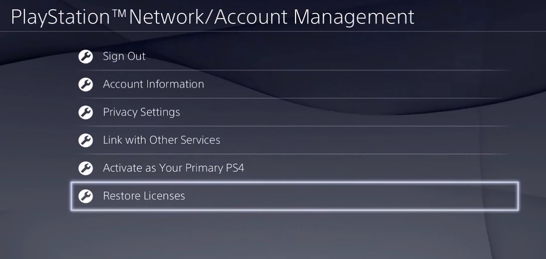 PlayStation Network Account Management with Restore Licenses selected. Screenshot.