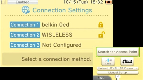 Connection Settings menu, highlighting the Search for Access Point button.