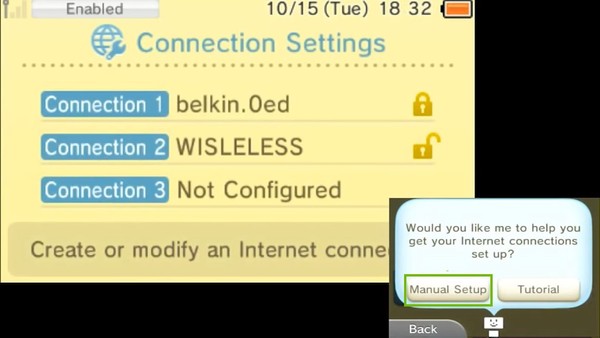 Connection Settings menu, highlighting the Manual Setup button.