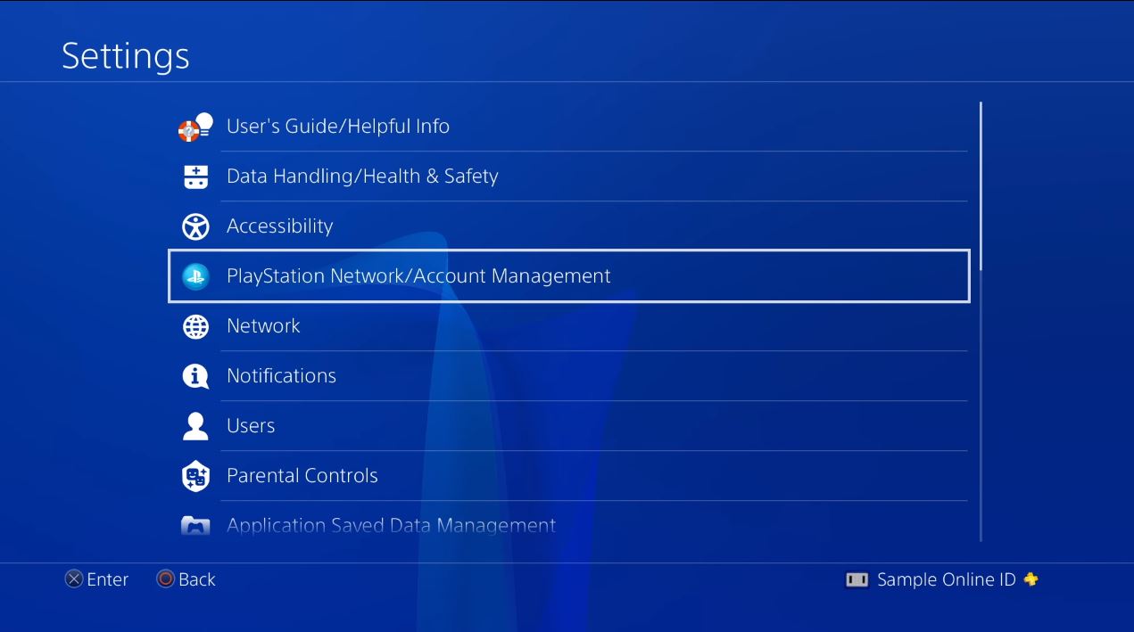 Settings menu with PlayStation Network / Account Management selected. Screenshot.