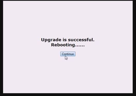 Upgrade is successful screen with Continue button selected. Screenshot.