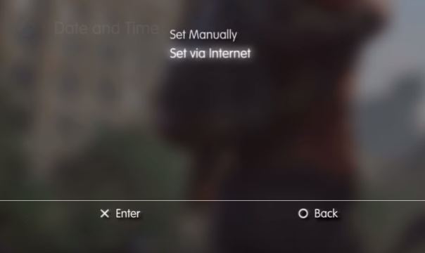 Date and time Settings with Set via Internet selected. Screenshot.