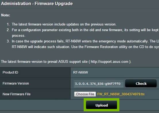 Firmware Upgrade page with Upload button selected. Screenshot.