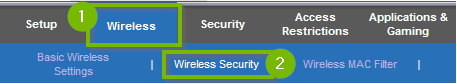 Wireless tab with Wireless security selected. Screenshot.