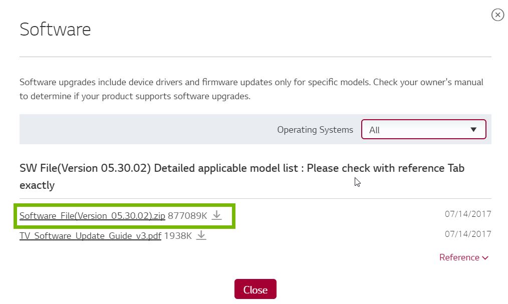 Software page with latest firmware selected. Screenshot.