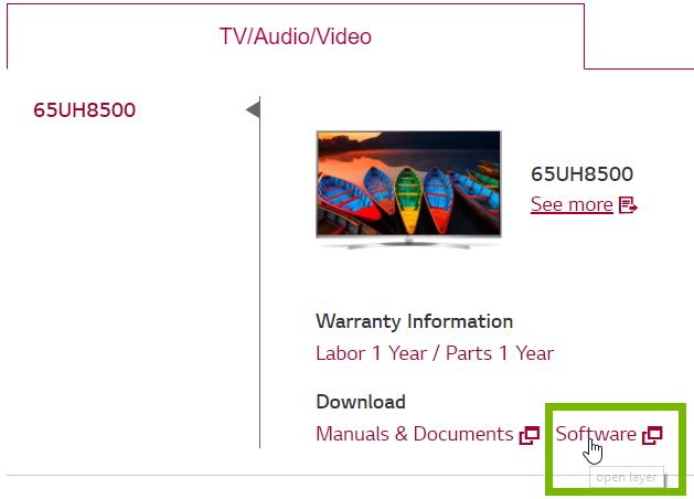 TV landing page with Software selected. Screenshot.