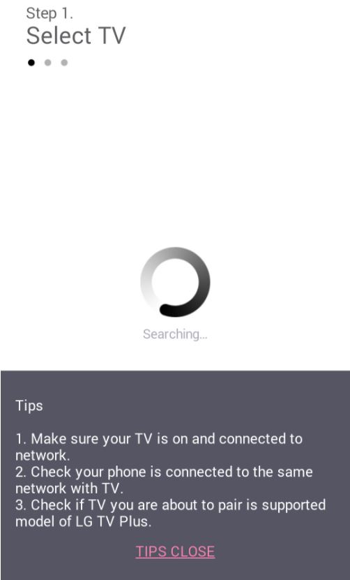 TV Pairing screen with list of nearby detected televisions. Screenshot.