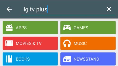 Google Play store with LG TV Plus in search bar. Screenshot.