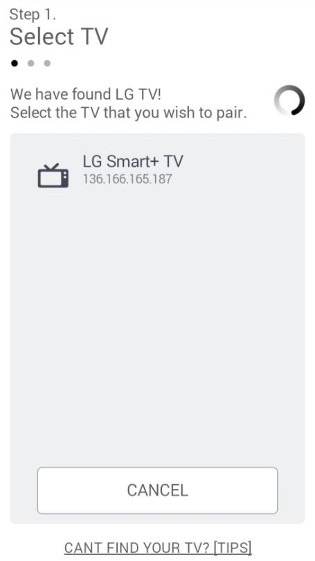 Select TV screen with example LG Smart+ TV detected. Screenshot.