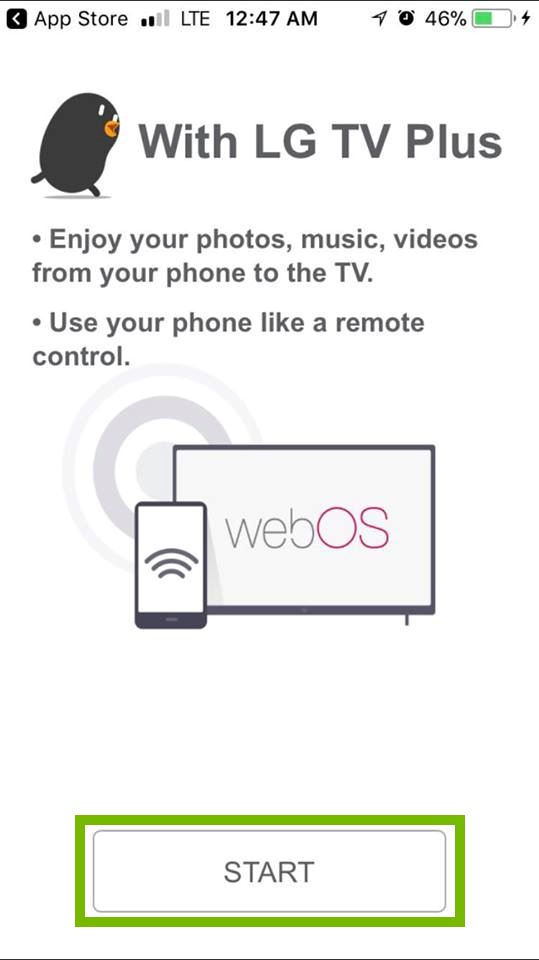 LG TV Plus app first-time setup with Start button selected. Screenshot.