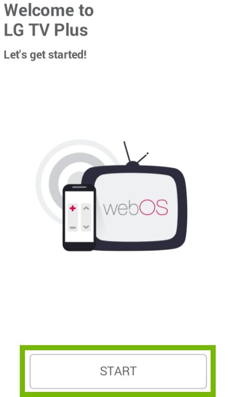 Welcome to LG TV Plus screen with Start button selected.