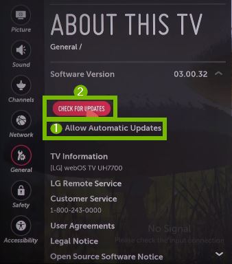 About this TV menu with CHECK FOR UPDATES selected. Screenshot.