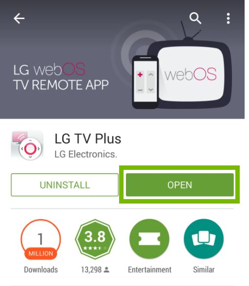 Installed LG TV Plus app with Open button selected. Screenshot.