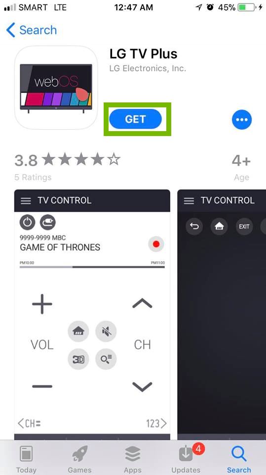 LG TV Plus app with GET button selected. Screenshot.