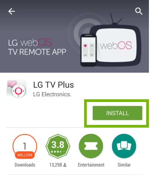 LG TV Plus app with Install button selected. Screenshot.