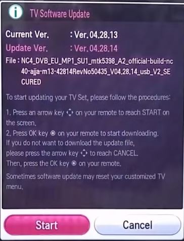 TV software update screen with instructions. Screenshot.