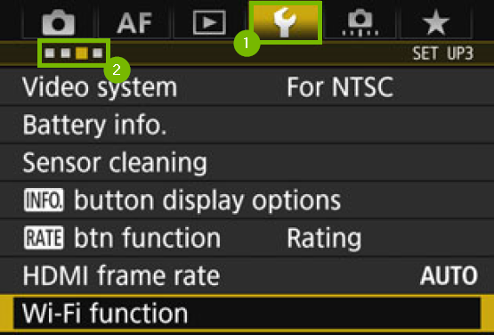 camera screen with wrench highlighted and 3rd sub menu highlighted