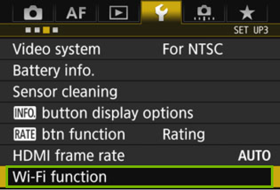 camera screen with Wi-Fi function highlighted