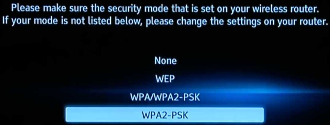 Wireless encryption method selection screen